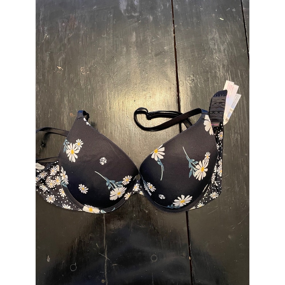 PINK by Victoria Secret Daisy Print Push Up Bra Black Floral Lace Trim Bralette